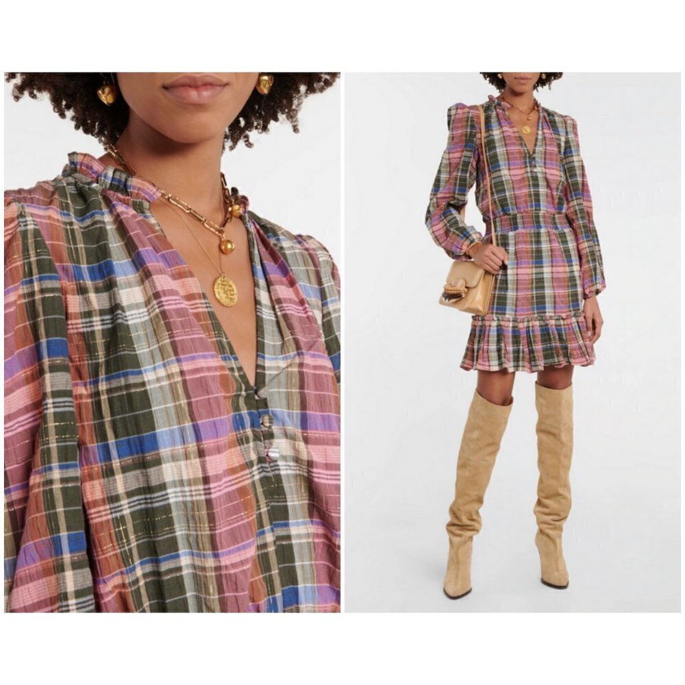 Veronica Beard Destiny Crinkle Plaid A-Line Dress ~ Olive Green/Pink 2 Nwt